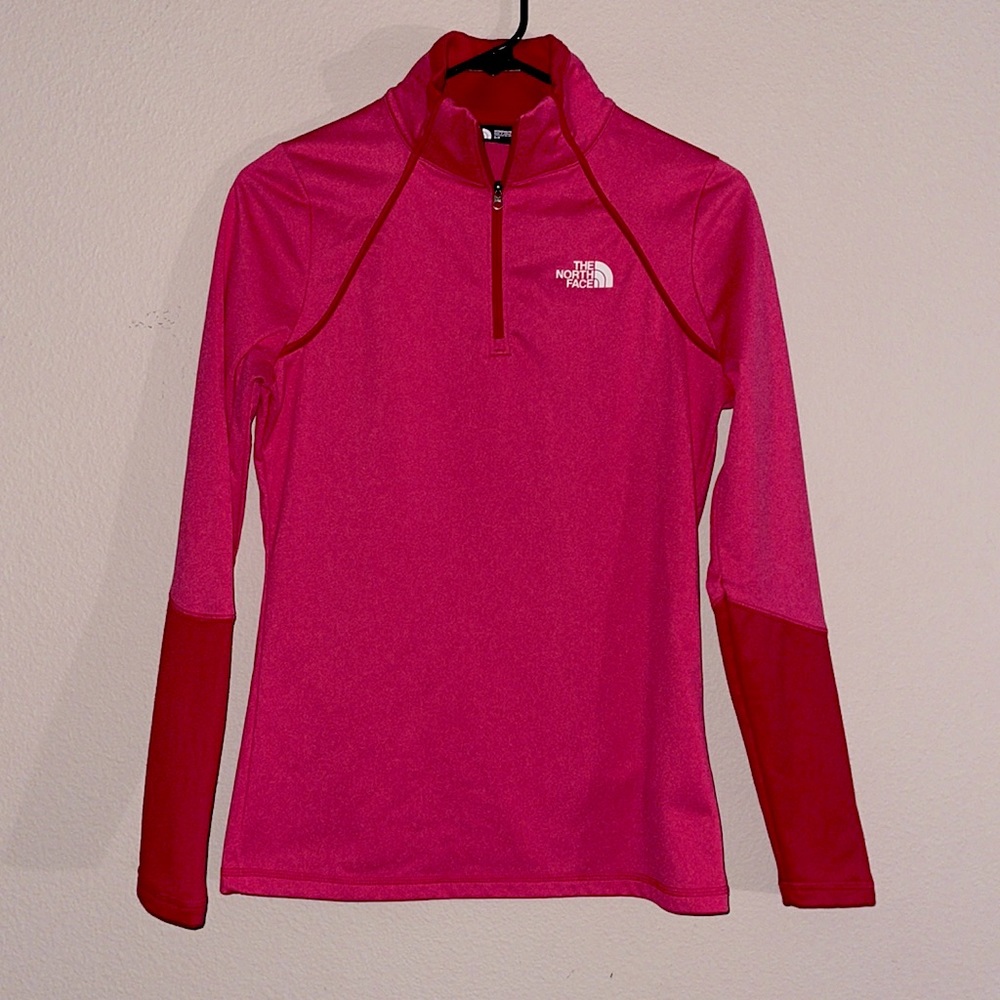 The North Face Quarter Zip Pullover Small Fuchsia Pink with white logo.